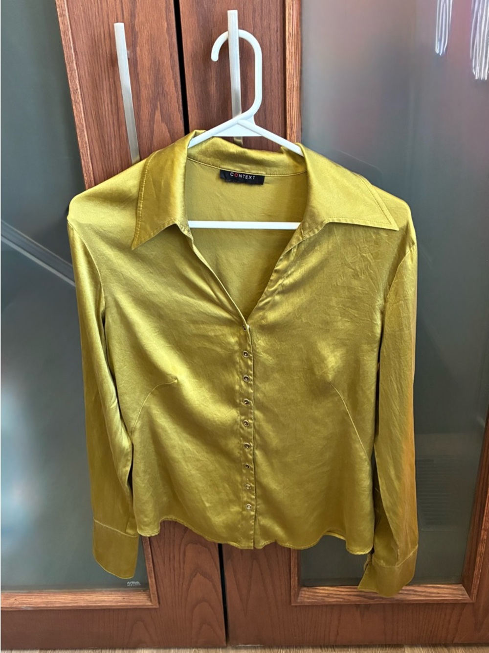 Context Olive Satin Button-Front Blouse